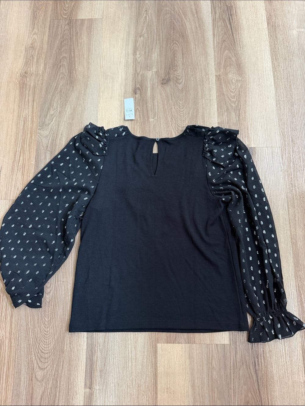 NWT Loft Black Shimmer Dotted Ruffle Collar Sheer Sleeves Metallic Top Medium - Picture 6 of 7